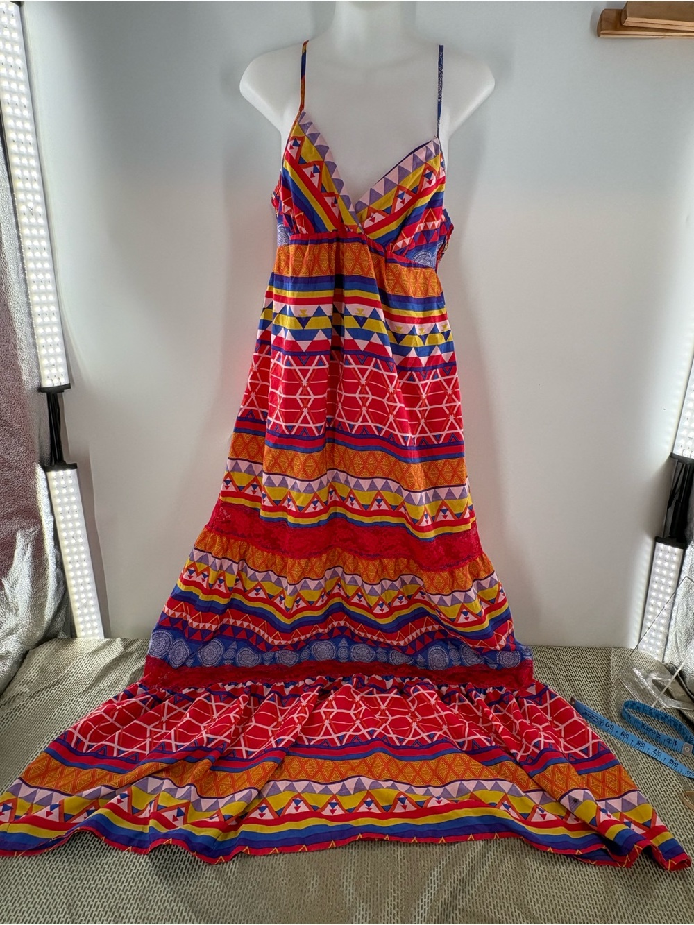 Flying Tomato Geometric Tribal Print Tiered Boho Maxi Dress Multicolor Size L